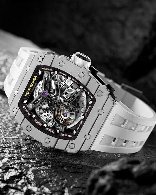 TSAR BOMBA Men's Automatic Watch Tonneau Luxury Skeleton Watches for Men Mechanical 50M Waterproof Analogue Watches Mens Unique Cool Silver Square Big Face Dial Wristwatch with Silicone Strap Band
