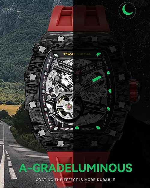 TSAR BOMBA Men's Automatic Watch Tonneau Luxury Skeleton Watches for Men Mechanical 50M Waterproof Analogue Watches Mens Unique Cool Silver Square Big Face Dial Wristwatch with Silicone Strap Band