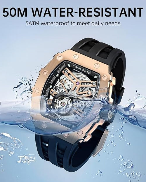 TSAR BOMBA Mens Luxury Watch Automatic Watches for Men 50M Waterproof Japanese Mechanical Movement Tonneau Stainless Steel Case Sapphire Glass Big Face Watch Cool Unique Fashion Gift for Men