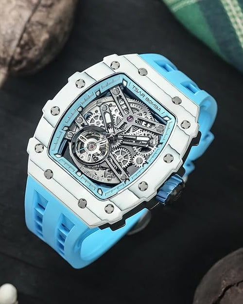 TSAR BOMBA Men's Automatic Watch Tonneau Luxury Skeleton Watches for Men Mechanical 50M Waterproof Analogue Watches Mens Unique Cool Silver Square Big Face Dial Wristwatch with Silicone Strap Band