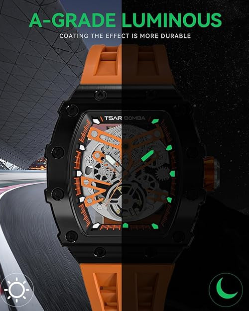 TSAR BOMBA Men's Automatic Watch Tonneau Luxury Skeleton Watches for Men Mechanical 50M Waterproof Analogue Watches Mens Unique Cool Silver Square Big Face Dial Wristwatch with Silicone Strap Band