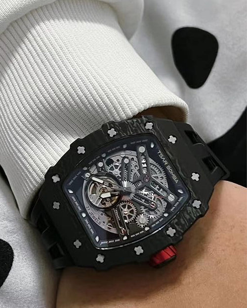 TSAR BOMBA Men's Automatic Watch Tonneau Luxury Skeleton Watches for Men Mechanical 50M Waterproof Analogue Watches Mens Unique Cool Silver Square Big Face Dial Wristwatch with Silicone Strap Band