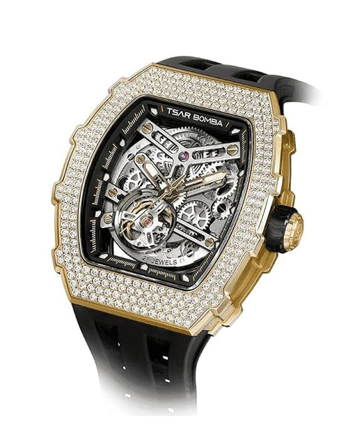 Tsar Bomba Men’s Tonneau Luxury Automatic Watch – Skeleton Dial, Zirconia Case, Black Silicone Strap, 50M Water Resistant, Watch for Men – TB8208D-13