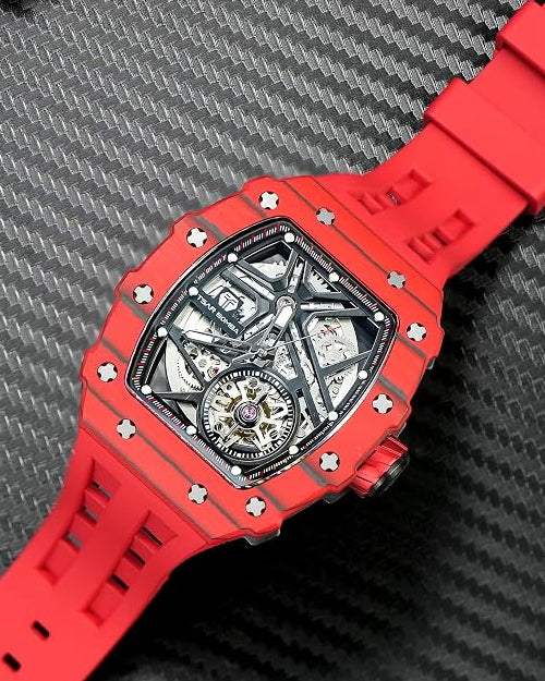 TSAR BOMBA Luxury Automatic Watches for Men - Carbon Fiber Bezel - Japanese Movement Sapphire Glass - 50M Waterproof - Luminous Men's Gifts TB8209 Red, Carbon Fiber 07, Traditional
