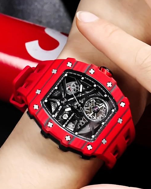 TSAR BOMBA Luxury Automatic Watches for Men - Carbon Fiber Bezel - Japanese Movement Sapphire Glass - 50M Waterproof - Luminous Men's Gifts TB8209 Red, Carbon Fiber 07, Traditional
