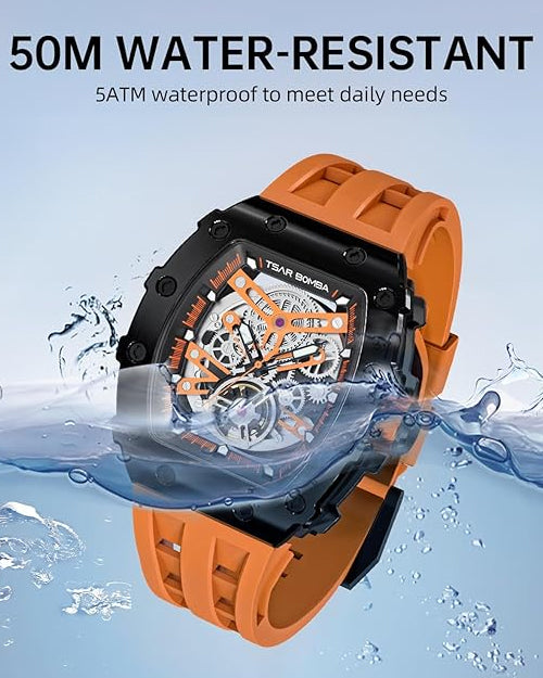 TSAR BOMBA Men's Automatic Watch Tonneau Luxury Skeleton Watches for Men Mechanical 50M Waterproof Analogue Watches Mens Unique Cool Silver Square Big Face Dial Wristwatch with Silicone Strap Band