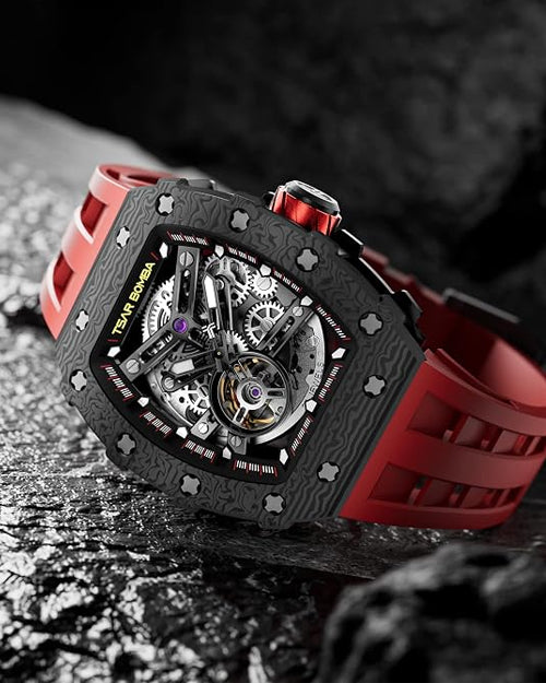 TSAR BOMBA Men's Automatic Watch Tonneau Luxury Skeleton Watches for Men Mechanical 50M Waterproof Analogue Watches Mens Unique Cool Silver Square Big Face Dial Wristwatch with Silicone Strap Band