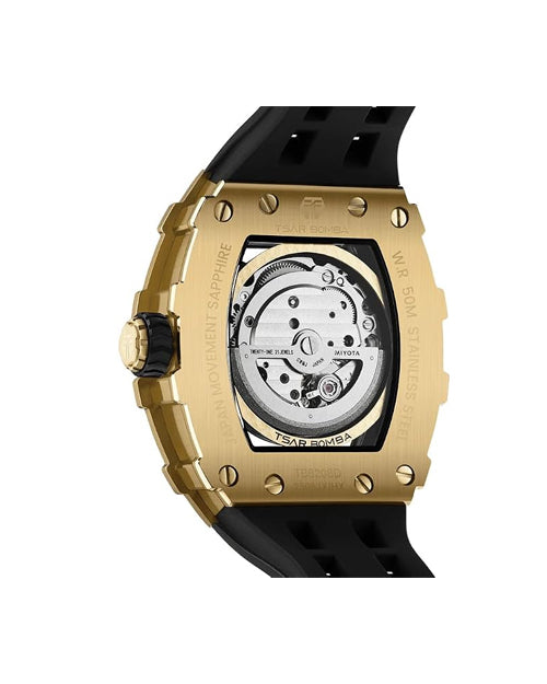 Tsar Bomba Men’s Tonneau Luxury Automatic Watch – Skeleton Dial, Zirconia Case, Black Silicone Strap, 50M Water Resistant, Watch for Men – TB8208D-13