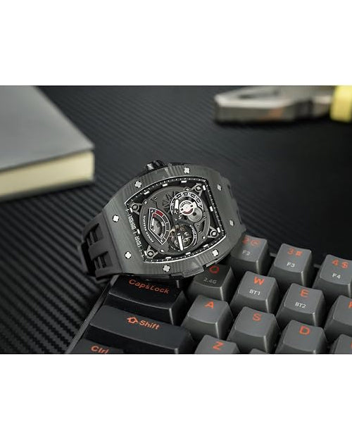 TSAR BOMBA Elemental Series | Tonneau Case | Carbon Fibre Bezel | FKM Rubber Strap | Premium Automatic Watch for Men - TB210CF-01