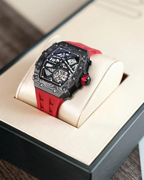 Tsar Bomba Men’s Tonneau Luxury Automatic Watch – Skeleton Dial, Carbon Fiber Bezel, Red Silicone Strap, 50M Water Resistant, Watch for Men – TB8209CF-32