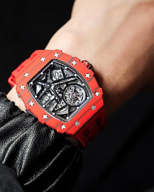 TSAR BOMBA Luxury Automatic Watches for Men - Carbon Fiber Bezel - Japanese Movement Sapphire Glass - 50M Waterproof - Luminous Men's Gifts TB8209 Red, Carbon Fiber 07, Traditional